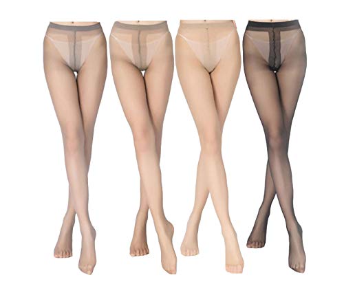 Yulaixuan Pantimedias para Mujer 4 Pares de Longitud Completa Reforzada T Entrepierna Patas 15 Denier Medias Transparentes (1 Negro / 1 Piel / 1 Gris / 1 café)