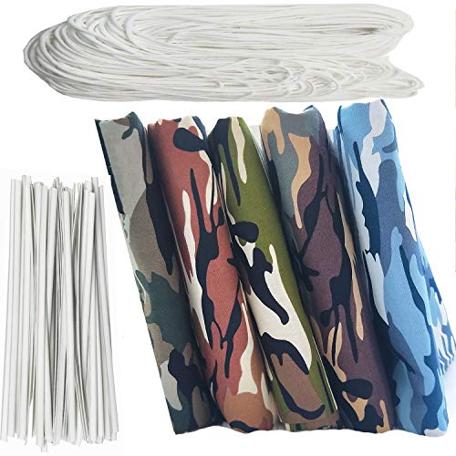 Zaione. 5 piezas de popelina de 48 cm x 48 cm en 100 % algodón con estampado de camuflaje + cordón elástico de 10 m + 50 tiras de puente nasal acolchadas. Para patchwork y manualidades