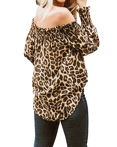 ZANZEA Camisetas Mangas Largas Hombros Descubiertos Sexy Blusas Estampado Leopardo Blusa Suelta marrón Leopardo XL