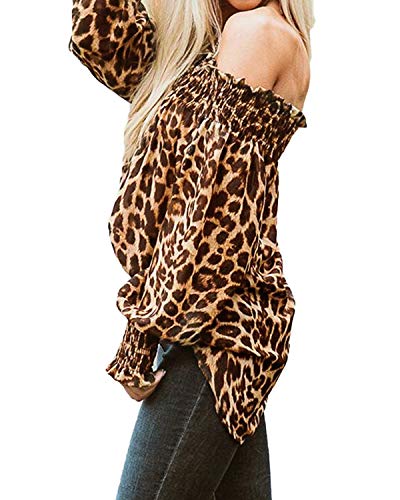 ZANZEA Camisetas Mangas Largas Hombros Descubiertos Sexy Blusas Estampado Leopardo Blusa Suelta marrón Leopardo XL