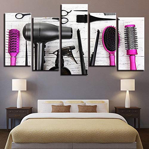 zeo Qi Lin Zou Cuadro Mural para decoración del hogar Herramientas de peluquería Tijeras Peine peluquería salón de Belleza Wall Art Landscape-5 Piezas Enmarcado de Madera-（16x24 16x32 16x40inch）