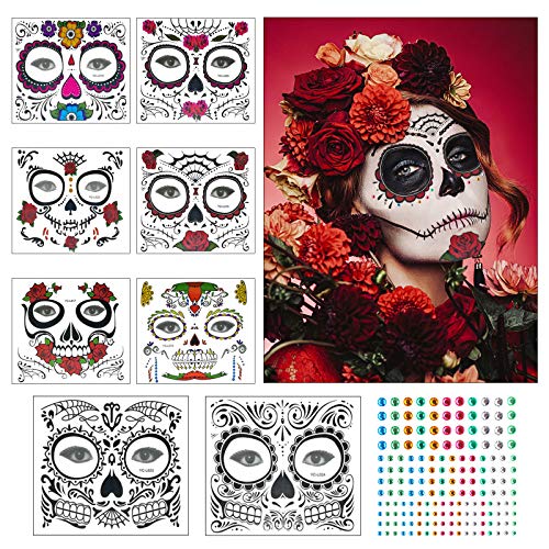 ZERHOK Tatuaje Cara temporales Halloween 8pcs Etiqueta Mascarada diseño cráneo con Gemas Cara Mujer Adhesivas para Maquillaje en Halloween día de Muerto y Baile de Disfraz para Mujer Hombre y niños