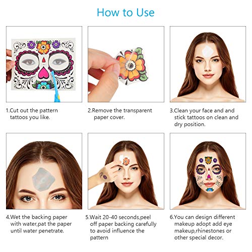 ZERHOK Tatuaje Cara temporales Halloween 8pcs Etiqueta Mascarada diseño cráneo con Gemas Cara Mujer Adhesivas para Maquillaje en Halloween día de Muerto y Baile de Disfraz para Mujer Hombre y niños