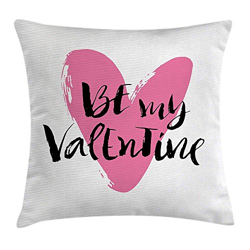 ZHIZIQIU Valentines Day Decor Throw Pillow Cushion Cover, Be My Valentine Quote with Romantic Cartoon Like Heart Love Image, Decorative Square Accent Pillow Case, 18 X 18 Inches, Pink and Black