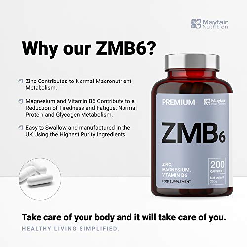 Zinc, Magnesio, Vitamina B6 | Máxima Potencia + Fácil de ingerir | Promueve la Fuerza Muscular, la Resistencia y la Recuperación, Aumenta los Biveles de Testosterona, Mejore el Sueño | Hecho en UK por Mayfair Nutrition