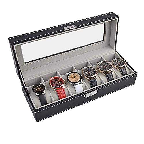 Zmsdt Estuche de Reloj para Hombre, con Tapa de Vidrio, con Pantalla, Organizador de Pantalla, Cuero de Fibra de Carbono, 10 de diciembre del 20/20, Caja de Almacenamiento para Reloj, Negro