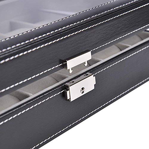 Zmsdt Estuche de Reloj para Hombre, con Tapa de Vidrio, con Pantalla, Organizador de Pantalla, Cuero de Fibra de Carbono, 10 de diciembre del 20/20, Caja de Almacenamiento para Reloj, Negro