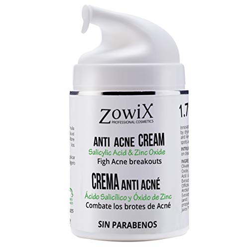 ZOWIX Crema anti acne. Elimina espinillas y granos. Tratamiento facial antiacné natural y efectivo con A. Salicílico y Oxido de Zinc. Todo tipo de acné. 50 ml