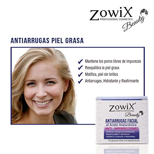 ZOWIX Crema antiarrugas piel grasa mujer y hombre. Matificante al Acido Hialuronico, Antibrillos. Sin Parabenos 50ml.