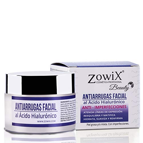 ZOWIX Crema antiarrugas piel grasa mujer y hombre. Matificante al Acido Hialuronico, Antibrillos. Sin Parabenos 50ml.