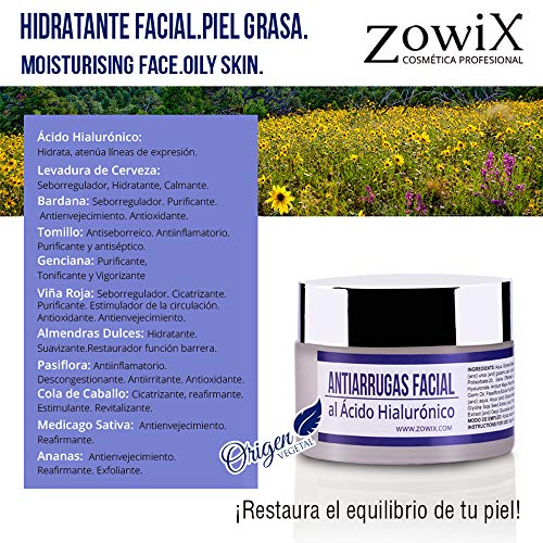 ZOWIX Crema antiarrugas piel grasa mujer y hombre. Matificante al Acido Hialuronico, Antibrillos. Sin Parabenos 50ml.