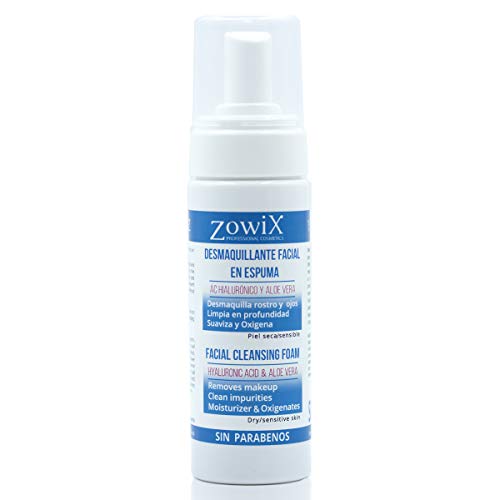 ZOWIX Desmaquillante facial mousse. Limpiador en espuma para ojos, cara y cuello. Foam Natural Piel Seca y Mixta. Acido Hialurónico. Sin parabenos ni Sulfatos. Ideal Veganos. 150ml