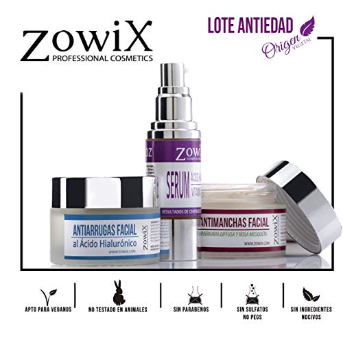 ZOWIX. Lote antienvejecimiento de cremas faciales. PAck natural con antiarrugas, antimanchas facial y serum triple accion. Sin parabenos.