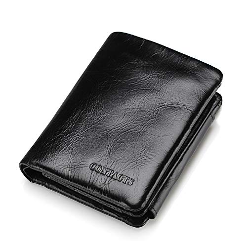 ZXHDP - Cartera de Piel para Hombre, Estilo Casual, Triple Pliegue, con Cera al óleo Pretty Black 13x9.5x3cm