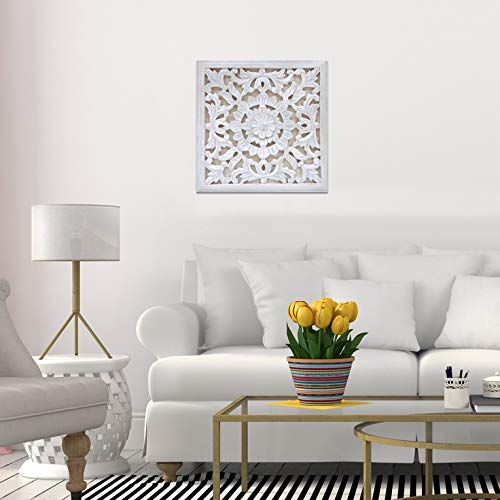 -Mandala de Pared, Fabricada artesanalmete en España, tamaño 40x40 cm, Modelo GR93. Forma Cuadrada (Blanco Plata)