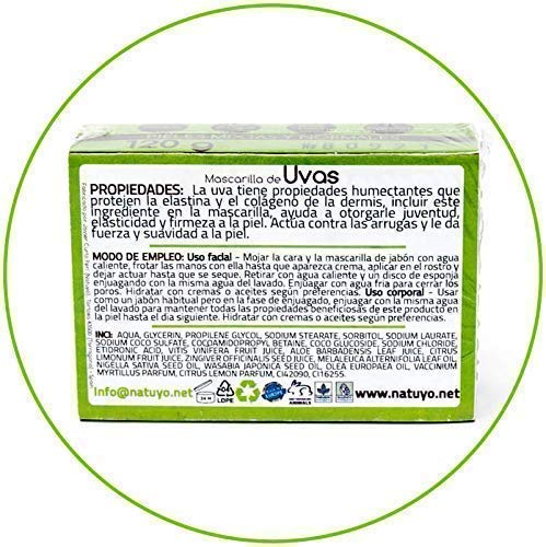 - Mascarilla de jabón NATUYO Antiarrugas de UVAS.- Otorga Juventud, Elasticidad, Fuerza, Suavidad y Firmeza en la piel. No contiene químicos.