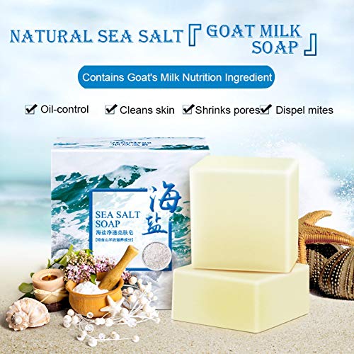 1 pieza de jabón de sal marina con barra de jabón de leche de cabra natural para la cara, cuerpo, suave, limpia la piel, encoge los poros, disipa los ácaros, suaviza el acné, controla el aceite
