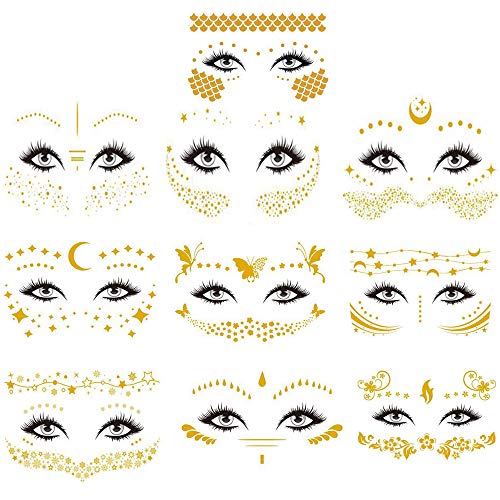 10 Piezas Tatuajes en la cara Pegatinas,Tatuajes Temporales,Impermeable Metálico Tatuaje Temporal,Pegatina Flash Facial para Niñas y Mujeres