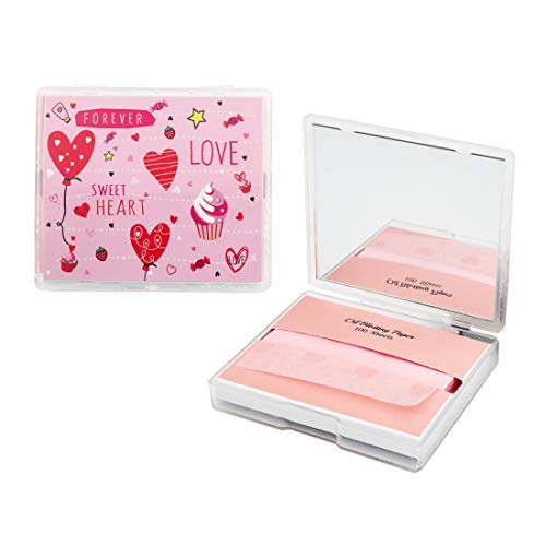 [100 Counts + Mirror Case] Natural Face Oil Blotting Paper Sheets with Makeup Mirror - Pink Oil Absorbing Sheets