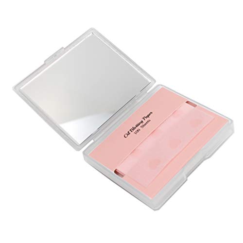 [100 Counts + Mirror Case] Natural Face Oil Blotting Paper Sheets with Makeup Mirror - Pink Oil Absorbing Sheets