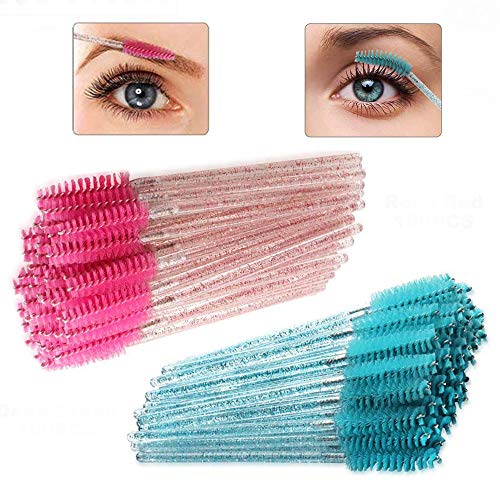 100 Piezas Desechables Cepillos de Pestañas, Cepillos de Rímel, Cepillo de Pestañas Crystal Rod, Cerdas Suaves y Flexibles, Cepillos para Cejas y Pestañas Postizas (Azul, Rojo Rosa)