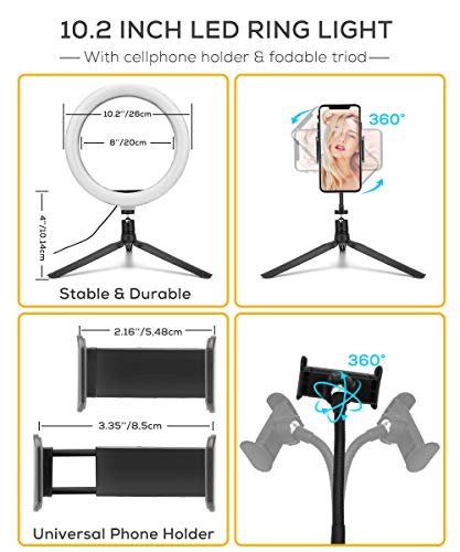 10.2’’ Aro de Luz LED Fotográfica de Escritorio, HOVVIDA Anillo de Luz para Móvil, 3 Colores, 10 Niveles de Brillo, Ring Light con Bluetooth Receptor para Tiktok, Selfie, Maquillaje, Youtube Video