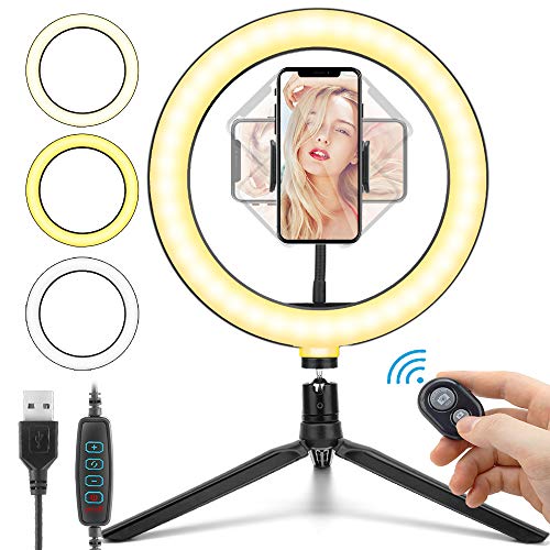 10.2’’ Aro de Luz LED Fotográfica de Escritorio, HOVVIDA Anillo de Luz para Móvil, 3 Colores, 10 Niveles de Brillo, Ring Light con Bluetooth Receptor para Tiktok, Selfie, Maquillaje, Youtube Video