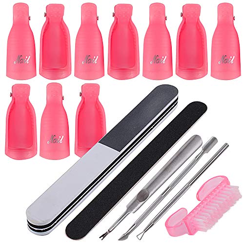 10pcs Clip Uñas de Plastico Pinzas Manicura para Uñas de Gel Removedor de Esmaltes Nail Art Soak Off Clip + Kit 6pcs Herramienta de Manicura para Limpiar Uñas y Quitar Cutículas (Kit Rosa)