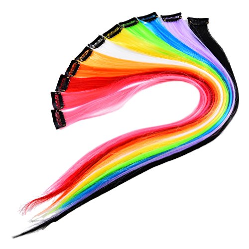 11 Piezas de Extensiones de Pelo de Colores Destacados Piezas de Pelo Recto de Fiesta con Clip Kit de Extensión de Cabello de Colores Neon, 11 Colores