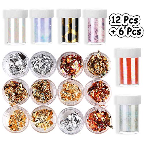 12 Cajas Nail Art Foil Gold Silver Foil &6 colores Holográfico Nail Stickers Tips Wraps Foil Transfer Sticker Glitters Kit para Uñas Art Herramiento DIY Decoración