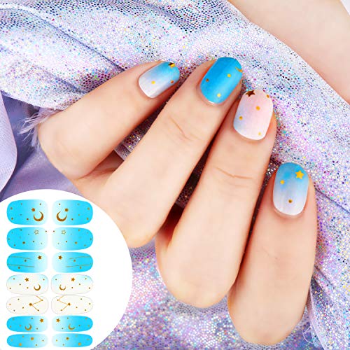 12 Hojas Pegatina Esmalte de Uñas de Gradiente de Envoltura Completa Tira Calcomanía Autoadhesiva de Uñas Kit de Decoración Manicura con Lima para Mujer y Niña DIY （Serie de Estrella Luna）