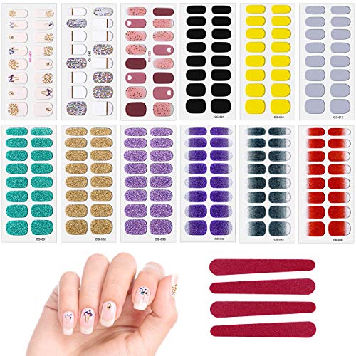 12 Hojas Pegatinas Uñas Decorativa Etiqueta Adhesivos para Uñas Full Cover Nail Art Stickers con Mini Lima de Uñas