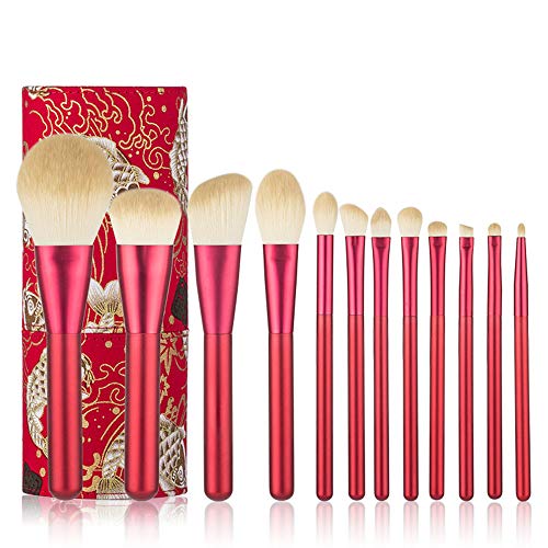 12 Piezas Rojo Pincel De Maquillaje Alta Calidad Lana Artificial Fácil De Cargar Conjunto De Herramientas De Belleza