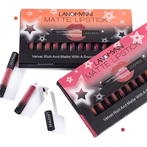 12 unids/set mate líquido lápiz labial conjunto, a prueba de agua nutritivo terciopelo líquido de larga duración brillo labial rojo tinte desnudo batom maquillaje conjunto (A)