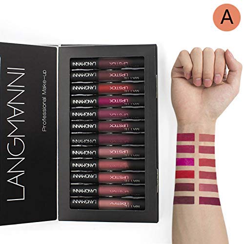 12 unids/set mate líquido lápiz labial conjunto, a prueba de agua nutritivo terciopelo líquido de larga duración brillo labial rojo tinte desnudo batom maquillaje conjunto (A)