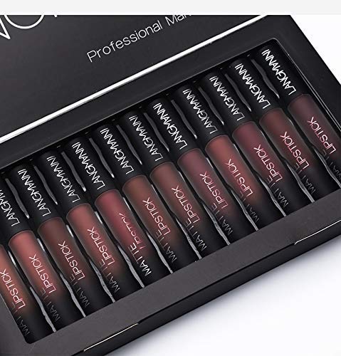 12 unids/set mate líquido lápiz labial conjunto, a prueba de agua nutritivo terciopelo líquido de larga duración brillo labial rojo tinte desnudo batom maquillaje conjunto (A)