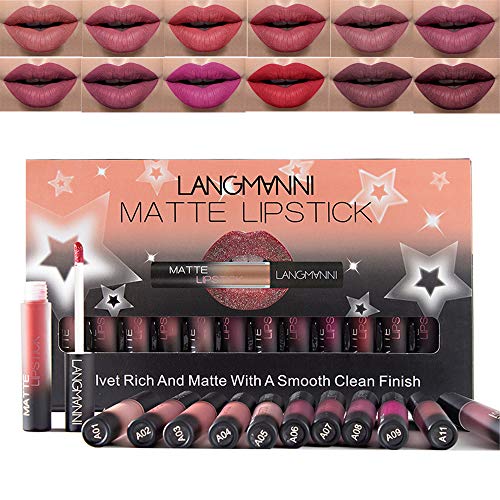 12 unids/set mate líquido lápiz labial conjunto, a prueba de agua nutritivo terciopelo líquido de larga duración brillo labial rojo tinte desnudo batom maquillaje conjunto (A)