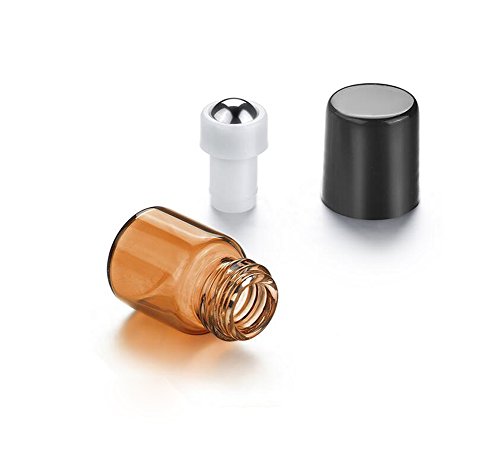 12PCS Mini Botellas Rodillos Aceite Esencial ámbar Vidrio con Tapa Negra y Bolas Rodillos Acero cosmético Titular Almacenamiento Maquillaje Jarras muestras Perfume Attar Viales (2ml)
