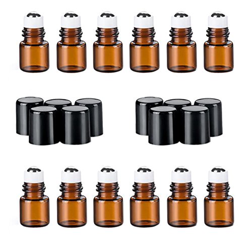 12PCS Mini Botellas Rodillos Aceite Esencial ámbar Vidrio con Tapa Negra y Bolas Rodillos Acero cosmético Titular Almacenamiento Maquillaje Jarras muestras Perfume Attar Viales (2ml)