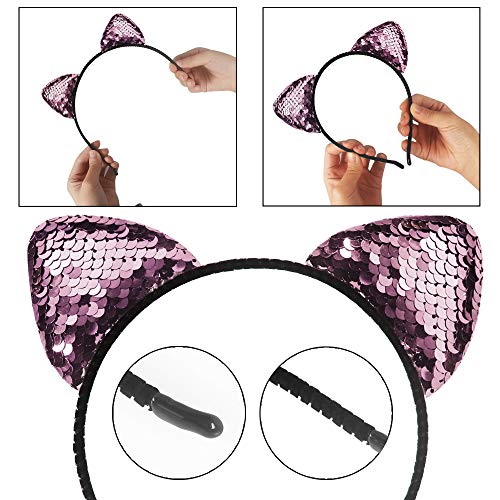 14 Pcs Diadema con Orejas de Gato Braguita Con Brillo Lentejuelas Banda para el Cabello Brillante Accesorios para el Cabello Aros para el Cabello para Niñas Mujeres Uso Diario y Decoración de Fiesta
