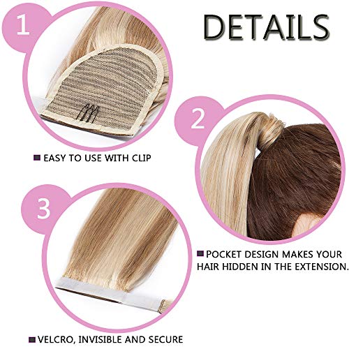 14"(35cm) Coleta Postiza Pelo Natural Clip #18/613 Rubio Ceniza/Blanqueador Rubio Extensiones de Cabello Humano 100% Remy Corta Lisa Wrap Around Ponytail Extension (80g)