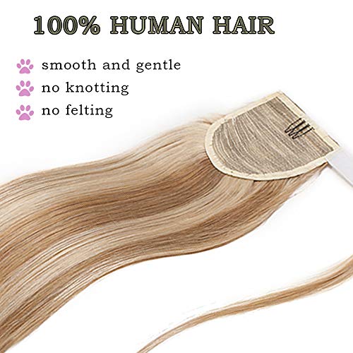 14"(35cm) Coleta Postiza Pelo Natural Clip #18/613 Rubio Ceniza/Blanqueador Rubio Extensiones de Cabello Humano 100% Remy Corta Lisa Wrap Around Ponytail Extension (80g)