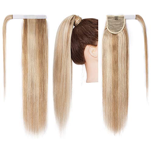 14"(35cm) Coleta Postiza Pelo Natural Clip #18/613 Rubio Ceniza/Blanqueador Rubio Extensiones de Cabello Humano 100% Remy Corta Lisa Wrap Around Ponytail Extension (80g)