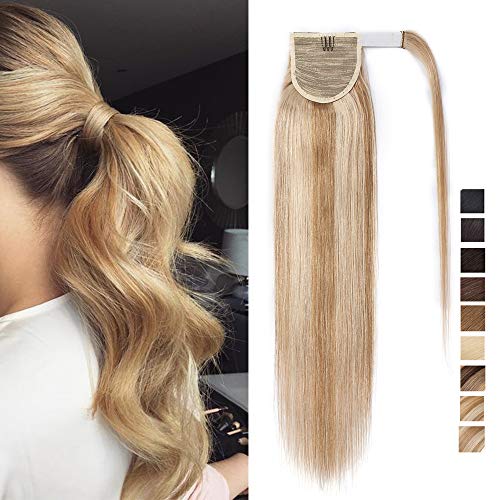 14"(35cm) Coleta Postiza Pelo Natural Clip #18/613 Rubio Ceniza/Blanqueador Rubio Extensiones de Cabello Humano 100% Remy Corta Lisa Wrap Around Ponytail Extension (80g)