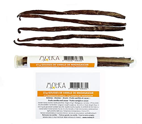 15 g de vainilla “Bourbon” - Vainas de vainilla de Madagascar (Vanilla planifolia): longitud 15-18cm, 2-4 g por vaina. 4 a 7 vainas de vainilla por tubo de vidrio.