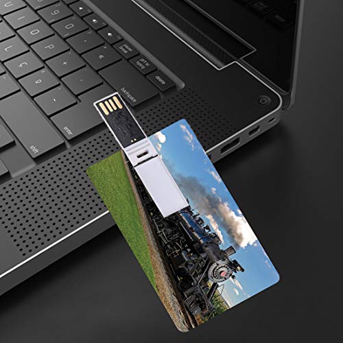 16 GB Unidades flash USB flash Locomotora negra vintage de motor de vapor en campo Imagen de tren de hojaldre de hierba verde Forma de tarjeta de crédito bancaria Clave comercial U Disco de almacenami