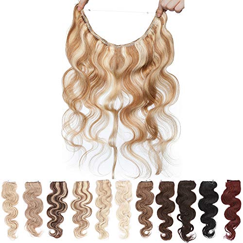 18"(45cm) SEGO Extensiones Rizadas con Hilo Invisible Pelo Natural sin Clip [#12/613 Castaño Dorado/Blanqueador Rubio] 100% Remy Cabello Humano (65g)
