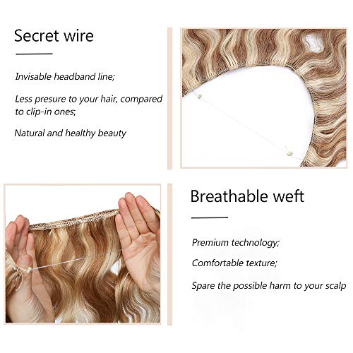 18"(45cm) SEGO Extensiones Rizadas con Hilo Invisible Pelo Natural sin Clip [#12/613 Castaño Dorado/Blanqueador Rubio] 100% Remy Cabello Humano (65g)