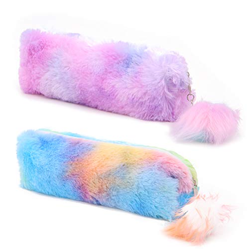 2 estuches para lápices de peluche, color rosa, suave, con bola de pompón, para niños, escuela, estudio, regalo