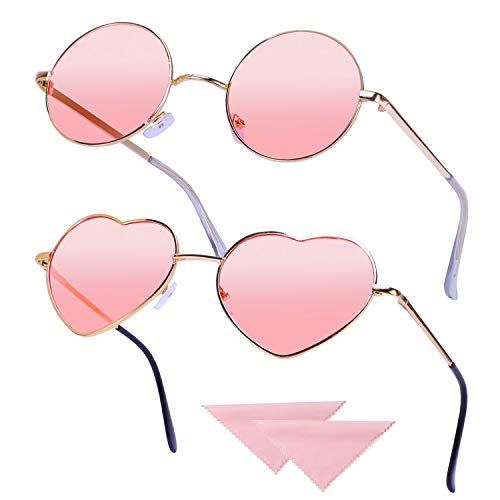 2 Pares Gafas Hippie Gafas de Sol en Forma de Corazón, Redondas Retro Gafas para Los Accesorios De Disfraces Hippie, Gafas Vintage con 2pcs Paño de Gafas, Marco Dorado Rosa